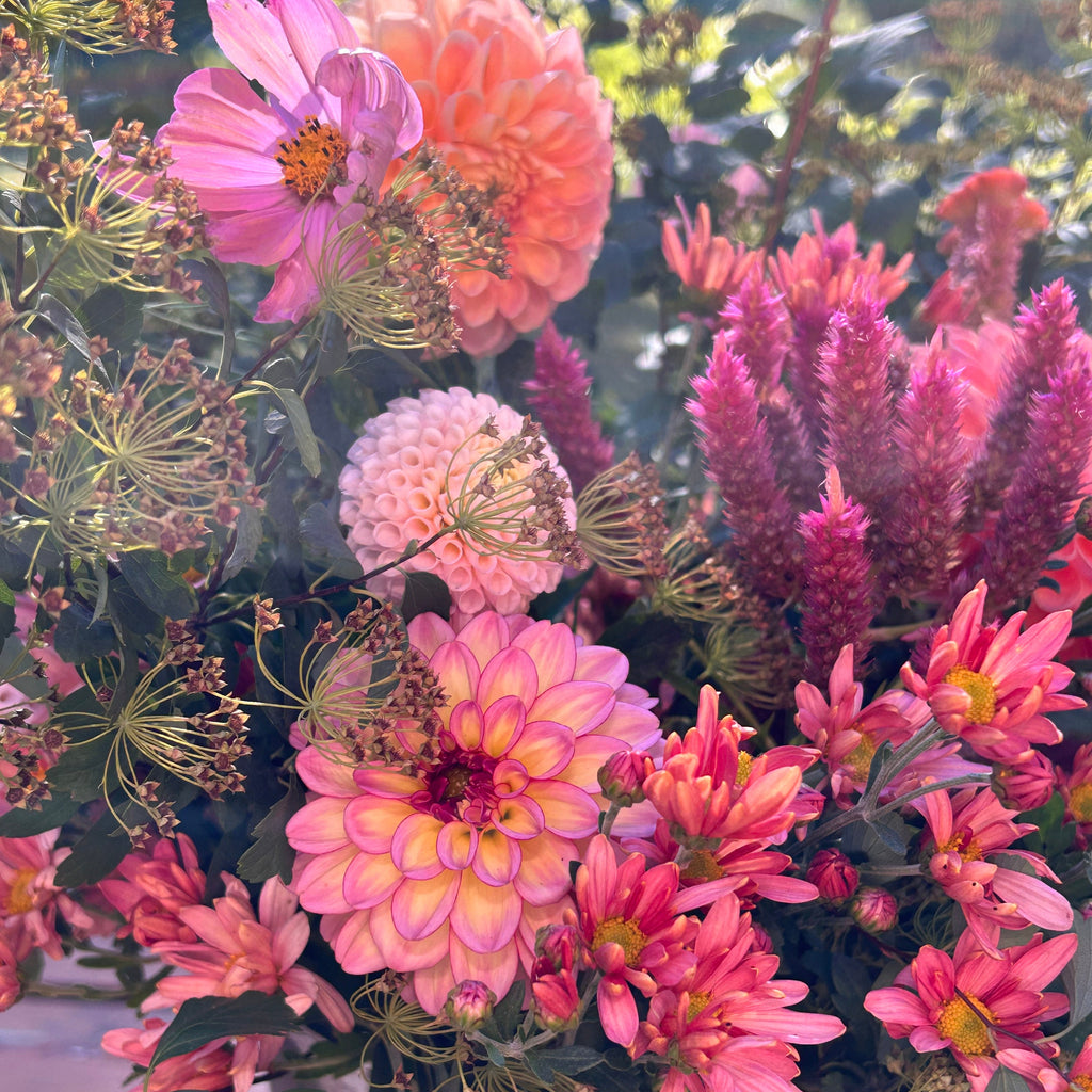 Bouquet of pink and purple flowers with green leaves
