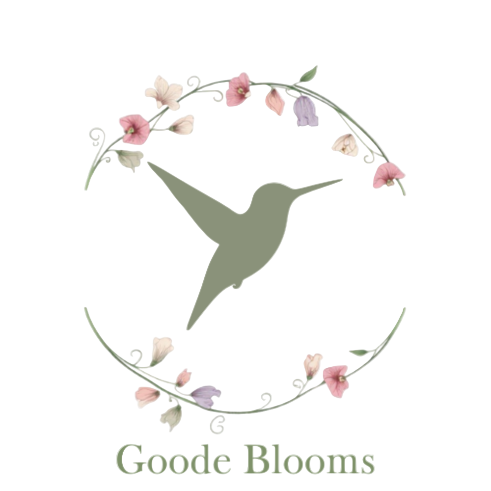 Logo of Goode Blooms with a green hummingbird silhouette and floral wreath on a white background.