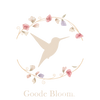 Decorative design of a hummingbird surrounded by flowers with 'Goode Bloom' text.